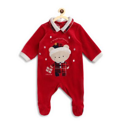 Boys Medium Red Velour Nappy Opening Babysuit